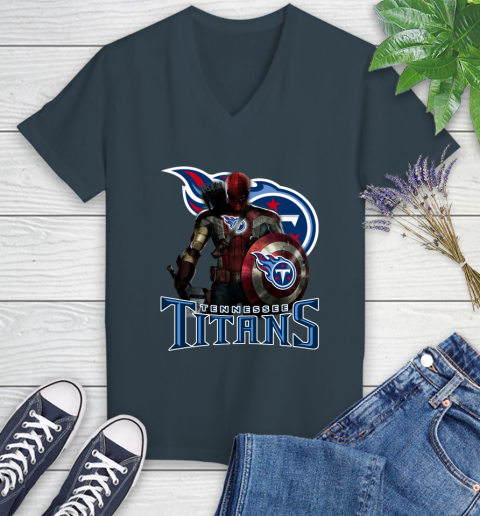 NFL Captain America Thor Spider Man Hawkeye Avengers Endgame Football Tennessee Titans Women's V-Neck T-Shirt 8