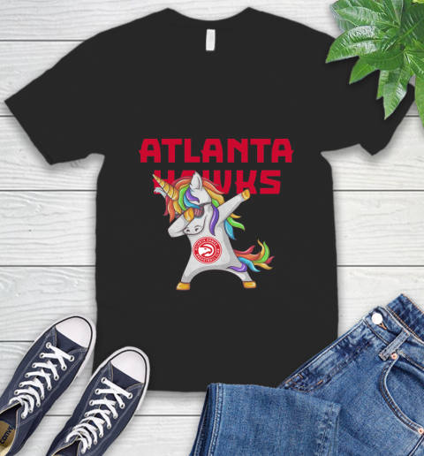 Atlanta Hawks NBA Basketball Funny Unicorn Dabbing Sports V-Neck T-Shirt 2