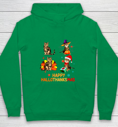 Cat Halloween Thanksgiving Christmas Happy Hallothanksmas Youth Hoodie 4