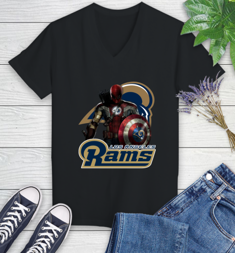 NFL Captain America Thor Spider Man Hawkeye Avengers Endgame Football Los Angeles Rams Women's V-Neck T-Shirt 2