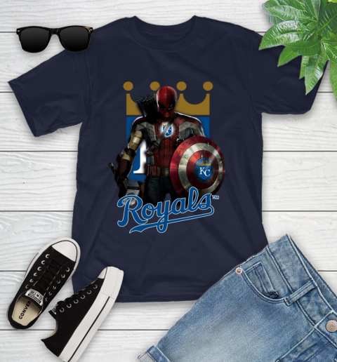 MLB Captain America Thor Spider Man Hawkeye Avengers Endgame Baseball Kansas City Royals Youth T-Shirt 3