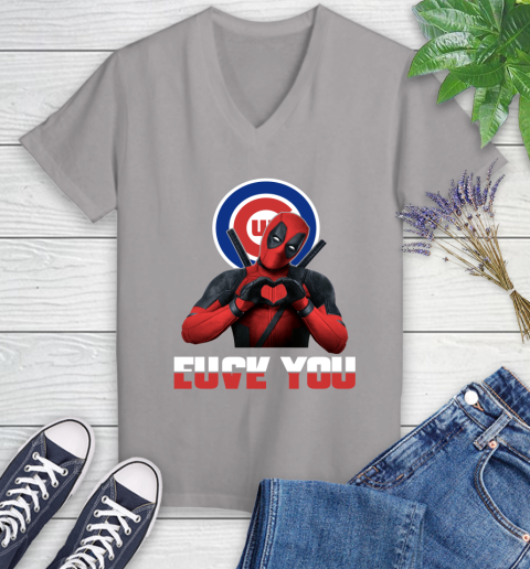 MLB Chicago Cubs Deadpool Love You Fuck You Baseball Sports Women's V-Neck T-Shirt 4