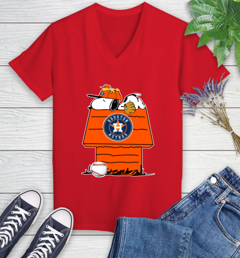 MLB Houston Astros Snoopy Woodstock The Peanuts Movie Baseball T Shirt Women's V-Neck T-Shirt 12