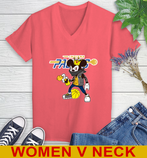 Indiana Pacers NBA Basketball Mickey Peace Sign Sports Women's V-Neck T-Shirt 7