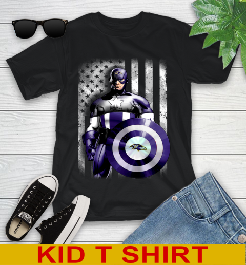 Baltimore Ravens NFL Football Captain America Marvel Avengers American Flag Shirt Youth T-Shirt