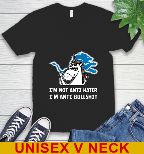 Detroit Lions NFL Football Unicorn I'm Not Anti Hater I'm Anti Bullshit V-Neck T-Shirt 2