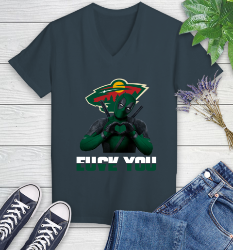 NHL Minnesota Wild Deadpool Love You Fuck You Hockey Sports Women's V-Neck T-Shirt 8