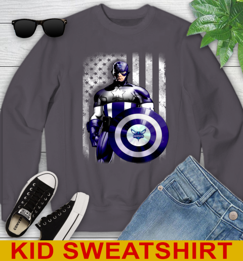 Charlotte Hornets NBA Basketball Captain America Marvel Avengers American Flag Shirt Youth Sweatshirt 5