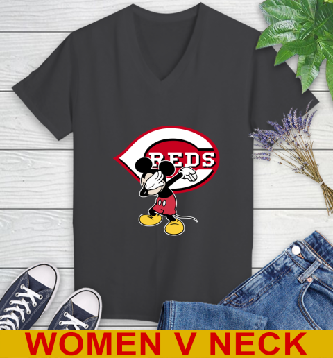Cincinnati Reds MLB Baseball Dabbing Mickey Disney Sports Women's V-Neck T-Shirt 9