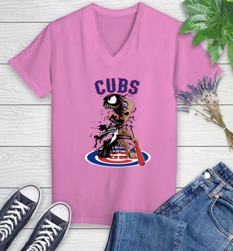 MLB Chicago Cubs Baseball Venom Groot Guardians Of The Galaxy Women's V-Neck T-Shirt 14