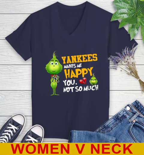 MLB New York Yankees Makes Me Happy You Not So Much Grinch Baseball Sports  Women's V-Neck T-Shirt