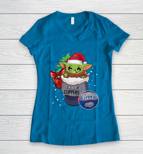 LA Clippers Christmas Baby Yoda Star Wars Funny Happy NBA Women's V-Neck T-Shirt 7