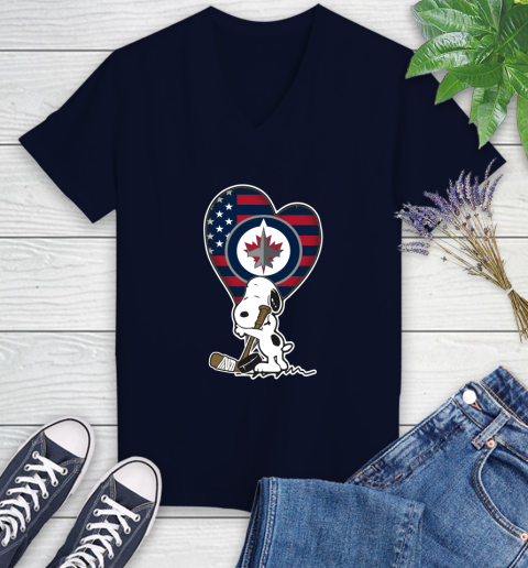 Winnipeg Jets NHL Hockey The Peanuts Movie Adorable Snoopy Women's V-Neck T-Shirt 3