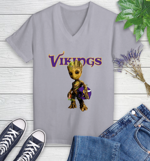 Minnesota Vikings NFL Football Groot Marvel Guardians Of The Galaxy Women's V-Neck T-Shirt 4