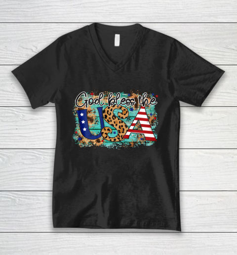 God Bless the USA Stars Stripes and Leopard Print V-Neck T-Shirt