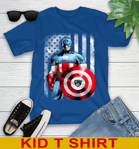 Brooklyn Nets NBA Basketball Captain America Marvel Avengers American Flag Shirt Youth T-Shirt 10