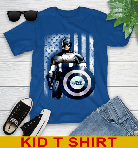 Utah Jazz NBA Basketball Captain America Marvel Avengers American Flag Shirt Youth T-Shirt 10