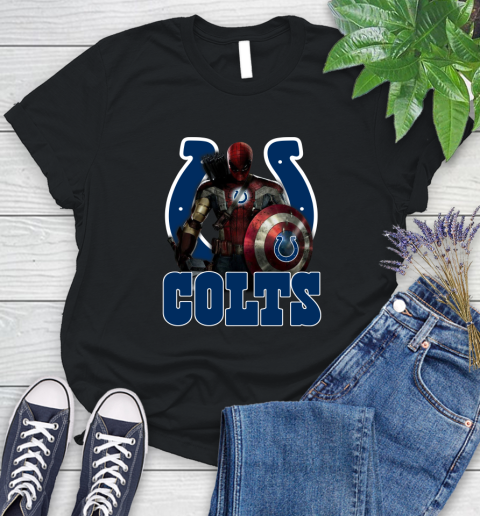 NFL Captain America Thor Spider Man Hawkeye Avengers Endgame Football Indianapolis Colts Women's T-Shirt 2