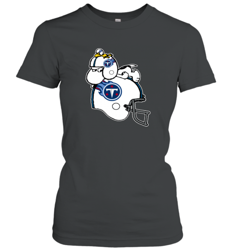 Snoopy And Woodstock Resting On Tennessee Titans Helmet spz6 snoopy and woodstock resting on tennessee titans helmet ladies t shirt 20 front black