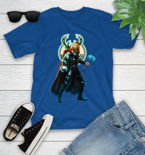 NBA Thor Avengers Endgame Basketball Milwaukee Bucks Youth T-Shirt 9