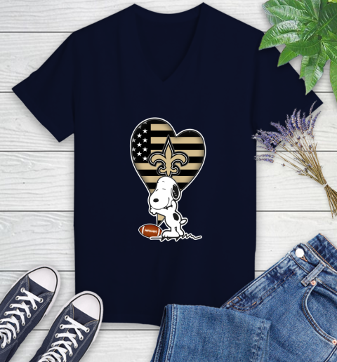 New Orleans Saints NFL Football The Peanuts Movie Adorable Snoopy Women's V-Neck T-Shirt 3