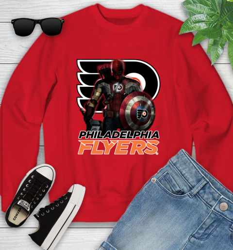 NHL Captain America Thor Spider Man Hawkeye Avengers Endgame Hockey Philadelphia Flyers Youth Sweatshirt 9