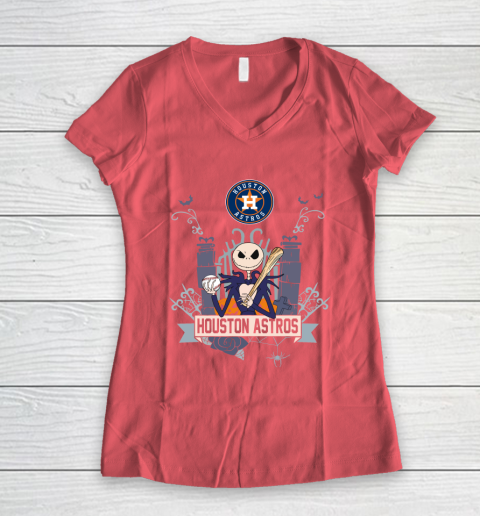 MLB Houston Astros Baseball Jack Skellington Halloween Women's V-Neck T-Shirt 4