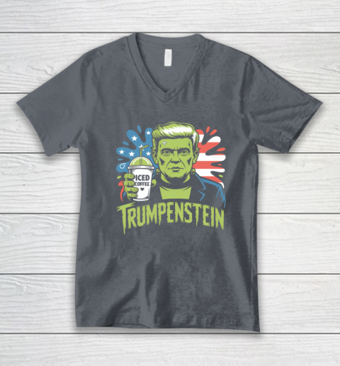 Trumpenstein Funny Iced Coffee Drink Halloween 4th of July USA Flag V-Neck T-Shirt 3