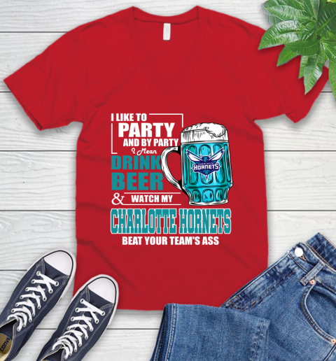 NBA Drink Beer and Watch My Charlotte Hornets Beat Your Team' Ass V-Neck T-Shirt 6