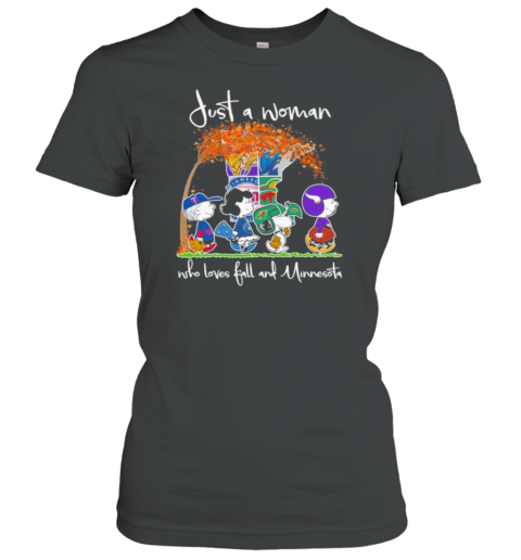 Peanuts Characters Abbey Road Just A Woman Who Loves Fall And Minnesota Sports Teams Women's T-Shirt