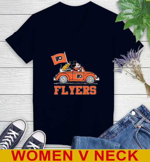 NHL Hockey Philadelphia Flyers Pluto Mickey Driving Disney Shirt Women's V-Neck T-Shirt 3
