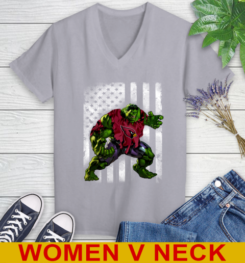 Arizona Cardinals Hulk Marvel Avengers NFL Football American Flag Women's V-Neck T-Shirt 4