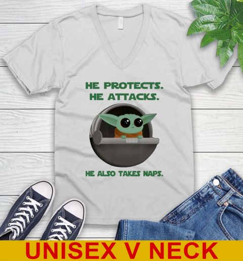 He Protects He Attacks He Also Takes Naps Baby Yoda Star Wars Shirts V-Neck T-Shirt