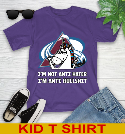 Colorado Avalanche NHL Hockey Unicorn I'm Not Anti Hater I'm Anti Bullshit Youth T-Shirt 4