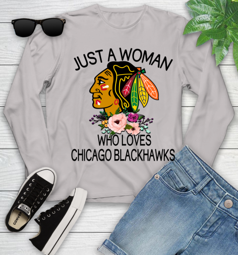 NHL Just A Woman Who Loves Chicago Blackhawks Hockey Sports Youth Long Sleeve 9