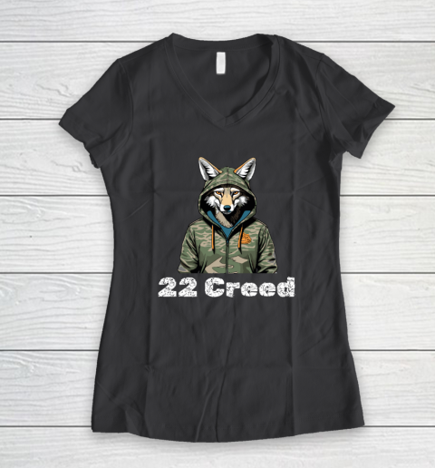 Coyote in Hood 22 Creed Graphic Hunting Women's V-Neck T-Shirt 4