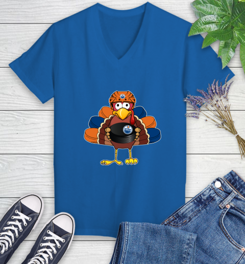 Edmonton Oilers Turkey Thanksgiving Day Women's V-Neck T-Shirt 10