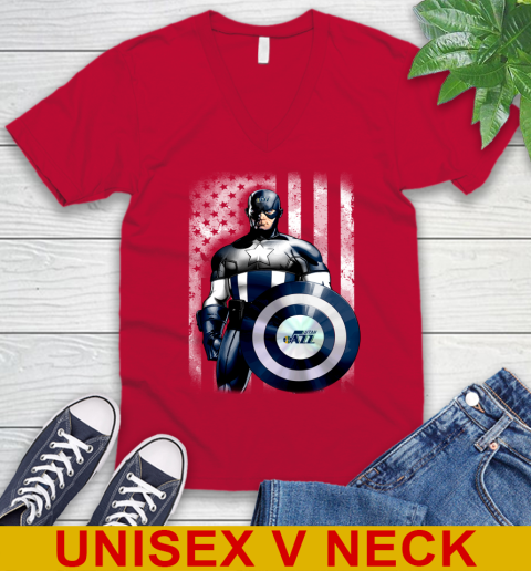 Utah Jazz NBA Basketball Captain America Marvel Avengers American Flag Shirt V-Neck T-Shirt 6