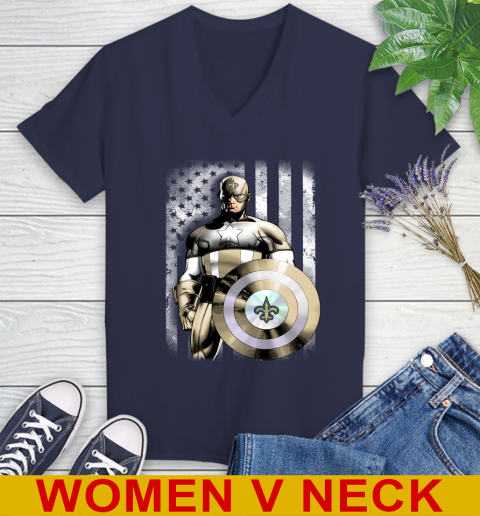 New Orleans Saints NFL Football Captain America Marvel Avengers American Flag Shirt Women's V-Neck T-Shirt 12