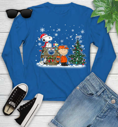 NHL Edmonton Oilers Snoopy Charlie Brown Woodstock Christmas Stanley Cup Hockey Youth Long Sleeve 10