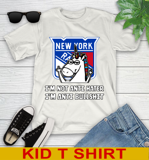 New York Rangers NHL Hockey Unicorn I'm Not Anti Hater I'm Anti Bullshit Youth T-Shirt