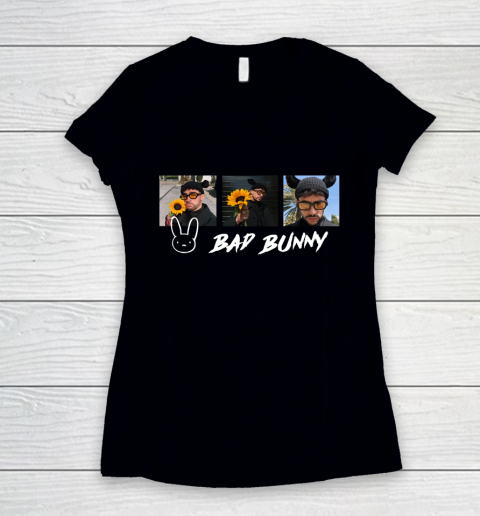 Three Images Bad Bunny Rapper gift Women's V-Neck T-Shirt