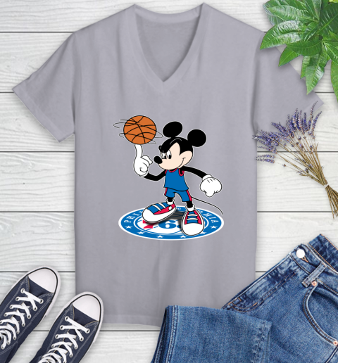 NBA Basketball Philadelphia 76ers Cheerful Mickey Disney Shirt Women's V-Neck T-Shirt - Image 5