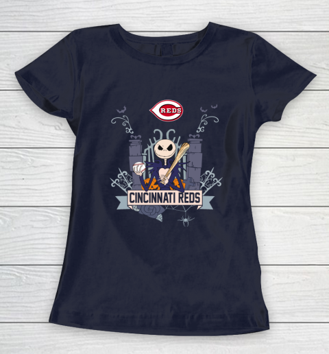 MLB Cincinnati Reds Baseball Jack Skellington Halloween Women's T-Shirt 2