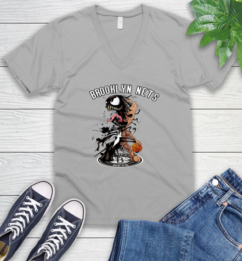 NBA Brooklyn Nets Basketball Venom Groot Guardians Of The Galaxy V-Neck T-Shirt 4