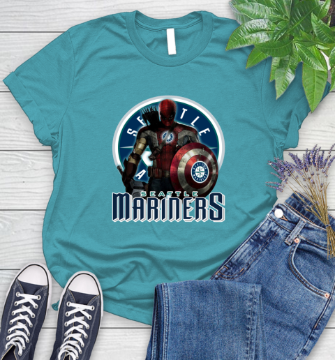 MLB Captain America Thor Spider Man Hawkeye Avengers Endgame Baseball Seattle Mariners Women's T-Shirt 12