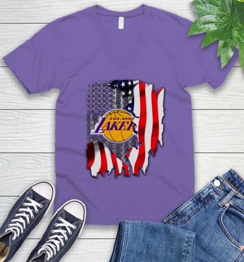 Los Angeles Lakers NBA Basketball American Flag V-Neck T-Shirt 8