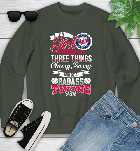 Minnesota Twins MLB Baseball A Girl Should Be Three Things Classy Sassy And A Be Badass Fan Youth Sweatshirt 9