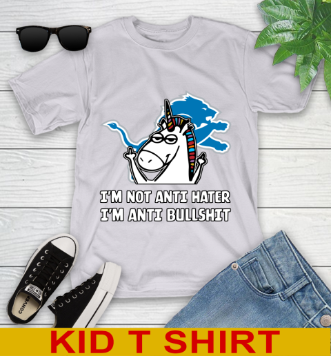 Detroit Lions NFL Football Unicorn I'm Not Anti Hater I'm Anti Bullshit Youth T-Shirt 5