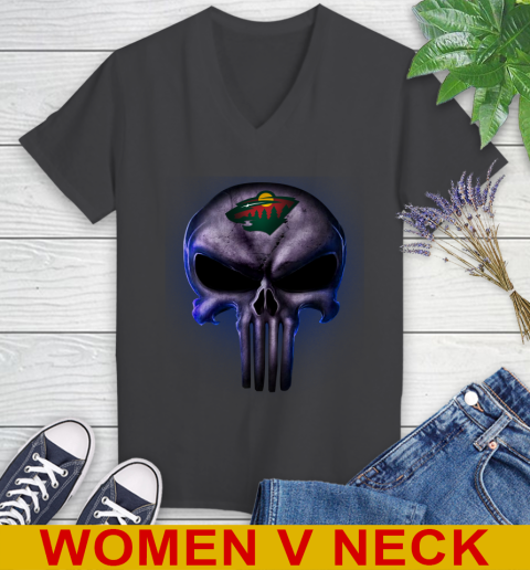 Minnesota Wild NHL Hockey Punisher Skull Sports Women's V-Neck T-Shirt - Image 9